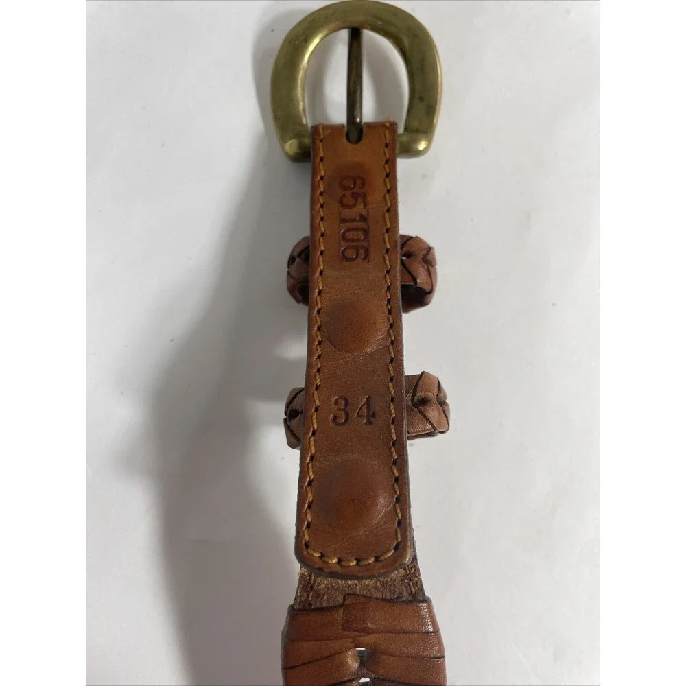 Tan Brown Braided Leather Belt Brass Buckle Women's Size 34 65106